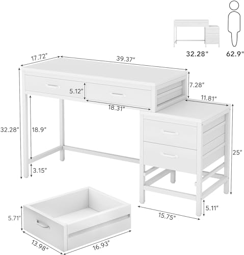 Image of Tribesigns Computer Desk with 5 Drawers, Home Office Desks with Reversible Drawer Cabinet Printer Stand, Industrial PC Desk with Storage, White Study Writing Table Workstation for Small Spaces