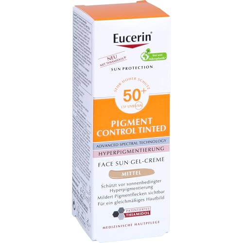 Eucerin Sun Pigment Control Tinted Medium SPF 50+ 50 ml, Crema solare viso 50+ colorata con filtri UVA/UVB, Protezione solare viso 50+ antimacchia per tutti i tipi di pelle