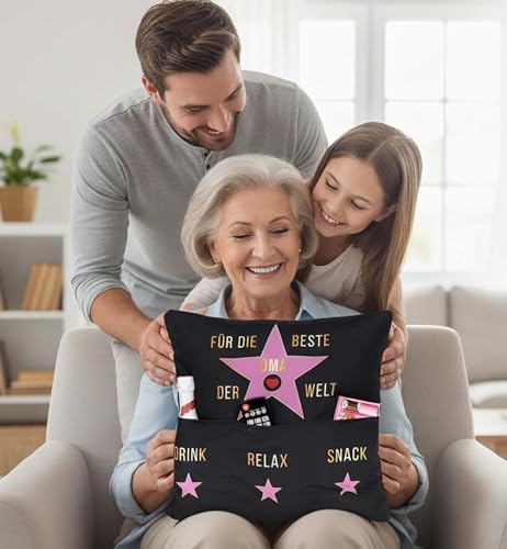 KAMACA Originelles Dekokissen Kissen mit 3 Taschen zum selber Befüllen Größe 43x43 cm tolles Geschenk (Beste Oma)