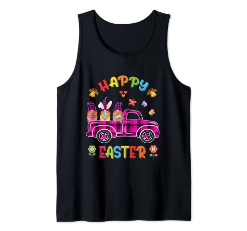 Three Gnomes Bunny Holding Egg Happy Easter Day camión Pascua Camiseta sin Mangas