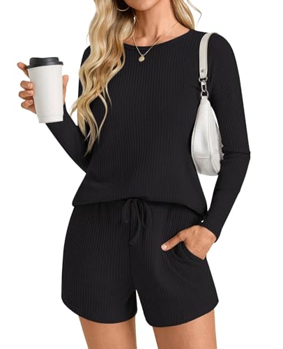 Image of Anydoll Womens Pajama Sets Waffle Knit Lounge Sets Long Sleeve Top and Shorts 2 Piece Loungewear with Pockets
