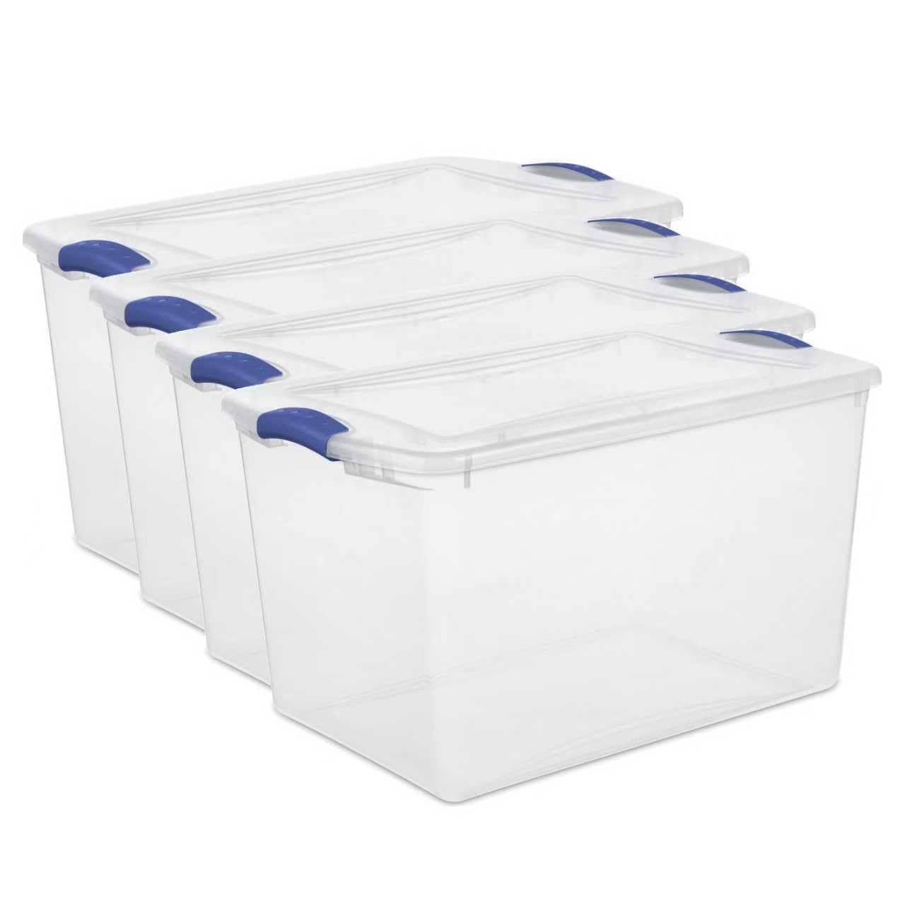 4 Pack 66 Quart Clear Plastic Storage Bins, Heavy Duty Stackable Organizer with Secure Blue Latching Lids, Multi-Purpose Storage Containers for Closet, Garage, Office and Bedroom