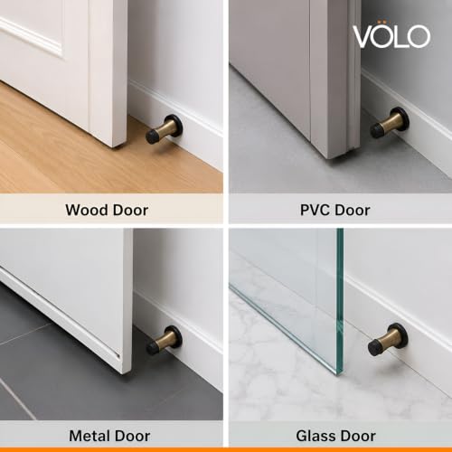 Image of Volo Pack of 2 Pieces Heavy Duty Wall Mounted Door Stops, Rigid Door Stopper with Low Mounted Black Rubber Bumper Tips, Protect Wall & Door for Kitchen, Bedroom, Office (Antique Brass)