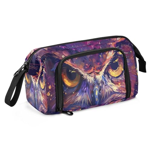 Image of Cool Owl Large Capacity Pencil Case Pen Bag Pencil Pouch, Kids Printed Pencil Case with Handle Canvas Zipper Pen Pouch for School Office College Ideal Start Graduation Gifts