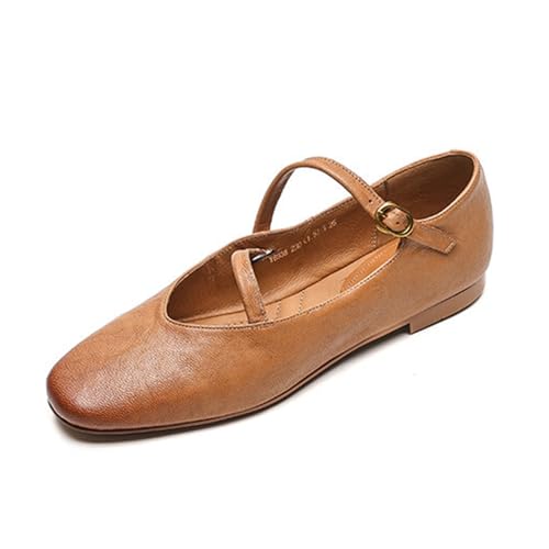 Womens Round Toe Mary Jane Shoes, Comfortable Genuine Leather Flats with Adjustable Buckle Straps, Dressy Casual Slip On Flats Shoes