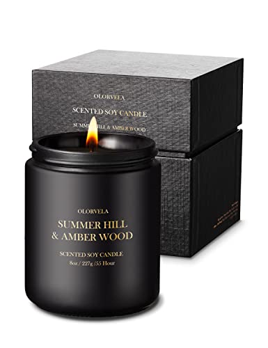 olorvela Candles for Men Candles for Home Scented Scented Candles Gifts 50hr Burn Time, Summer Hill & Amber Wood Candle All Natural Soy Candles