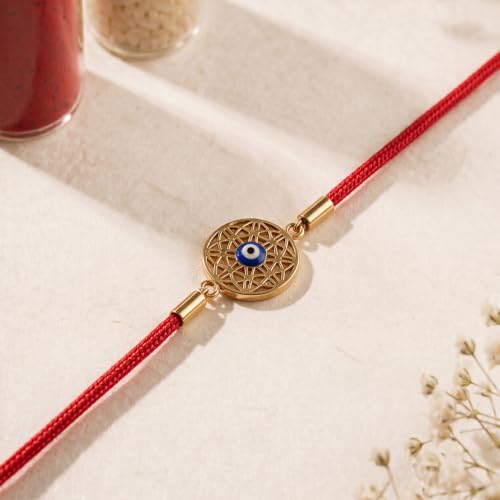Image of PALMONAS Demifine 18K Gold Plated Evil Eye Rakhi for Brother - Waterproof & Anti-Tarnish Designer Rakhi for Men | Premium Raksha Bandhan Rakhee with Roli Chawal