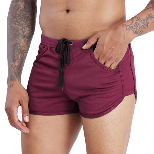 Rexcyril Men's Running Workout Bodybuilding Gym Shorts Athletic Sports Casual Short Pants, X-Large, Maroon2 - Thumbnail 2