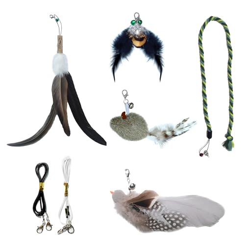 MikiLim Cat Feather Toy Refills for Cat Wand 5-Pack Undyed Natural Big Feather Cats Wand Attachment Replacement with Bell,Clasp 2PCS Extension String by MikiLim - Used condition - US$8.35