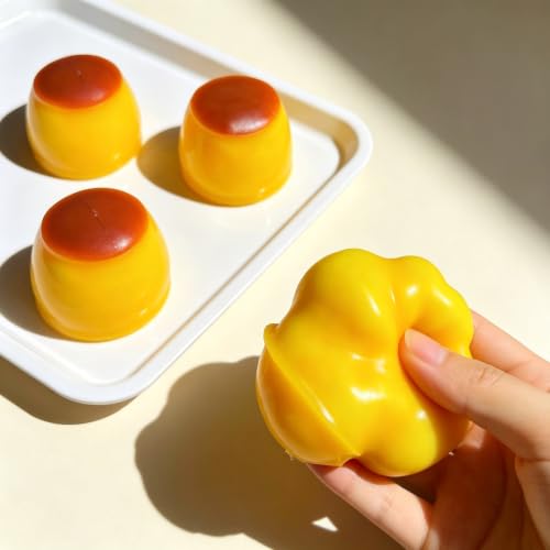 Caramel Pudding Squishy Stress Ball – Crunchy Bead Filled Non Rebound Handmade Taba ASMR Anxiety Relief for Adults Party Favor Squeeze Toy, Soft Sticky Silicone Dessert with Realistic Food Look — view 3