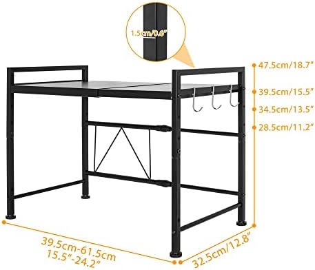 BQKOZFIN Expandable Microwave Oven Rack, Height Adjustable Carbon Steel Microwave Shelf, Foldable Kitchen Counter Organizer for Toaster, Towels, 2 Tiers with 3 Hooks, 44lbs/20kg Load Bearing, Black