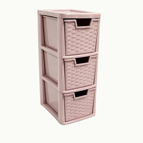 Image of SIDSONS - Medium Rattan Effect Drawer Storage Unit Plastic Tower with Spacious Drawers for Home Office Bedroom Living Room Organisation Durable Stylish Design (Rattan Pink, 3 Tier)