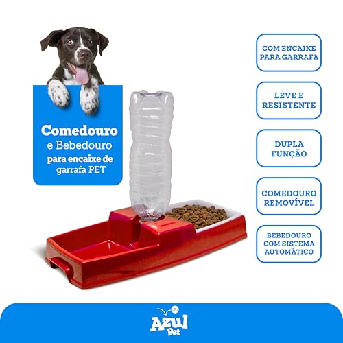 Comedouro e Bebedouro 2 em 1 para Cães, Suporte para Garrafa PET com Prato de Ração, Vermelho