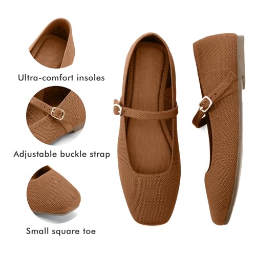 Image of Soesyi Knit Flats for Women Square Toe Flats Casual Ballet Flats with Ankle Strap,Mary Jane Shoes Women Comfortable for Dressy Office