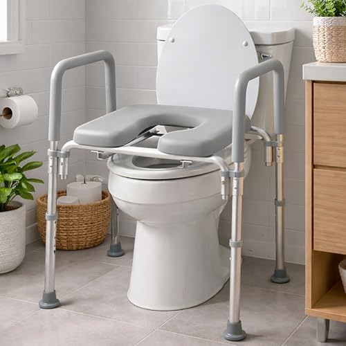 Ultimate Raised Toilet Seat with Handles, Padded, Armrests, Adjustable Height, Premium Elevated Toilet Seat for Elderly Bathroom Safety with Arms, Standard and Elongated Toilets, Gray