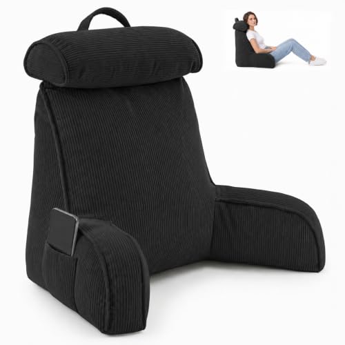 Reading Pillow for Bed with Detachable Neck Roll and Shredded Memory Foam, Back Pillow with Arms for Sitting Up, Washable Bed Rest Pillow with Side Pocket for Gaming, Sofa, Dorm - Black
