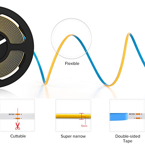 Image of 5mm COB LED Strip Light 6.56FT,DC12V Ultra Thin 6000K Daylight White Flexible High Density Strips 480LEDs /m, CRI 90+ Dimmable LED Tape Lights for Cabinet Bedroom, No Controller & Power Supply