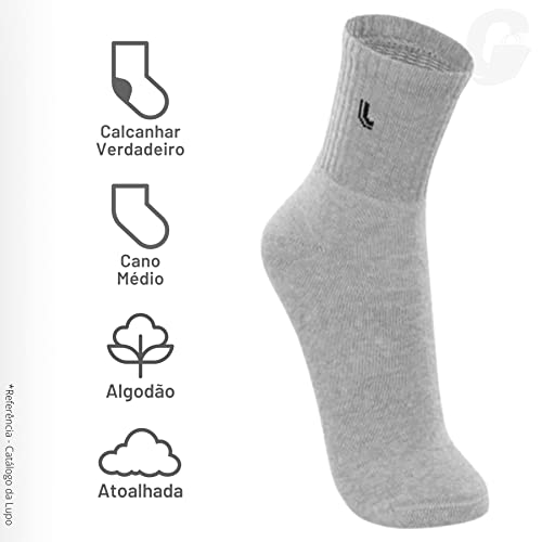 Kit 09 Pares Meia Lupo Sport Cano Médio Algodão Adulto Unissex | 3 Cinza Mescla Escuro - 3 Cinza Mes