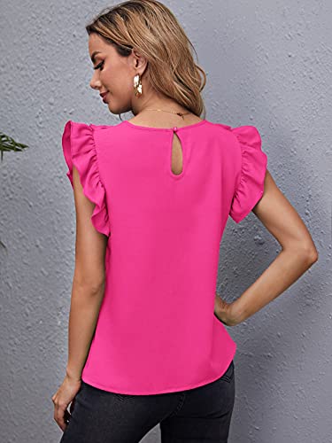 Milumia Women Elegant Ruffle Trim Butterfly Sleeve Blouse Round Neck Work Shirt Top A Hot Pink Large #TOP3