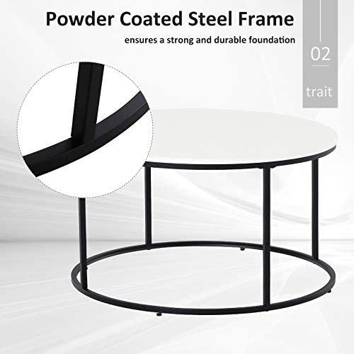 Homcom Modern Coffee Table, Round Center Table With Black Metal Frame For Living Room, White #TOP3