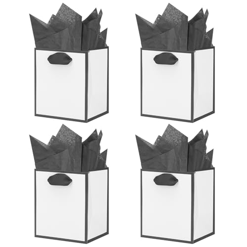 QIELSER Extra Small Gift Bags with Handles 4"x2.8"x4.5" Mini Gift Bags with Tissue Paper for Party Favors, Birthday Gifts, Weddings, Baby Showers, Business Merchandise (White+Black trims-10pcs)
