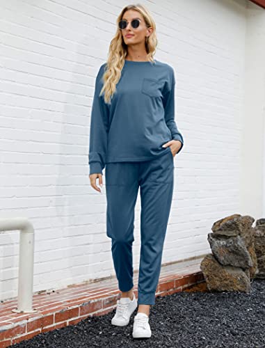 Bofell 2 Piece Outfits For Women Solid Color Loungewear Loose Tracksuit Set Blue S #TOP1