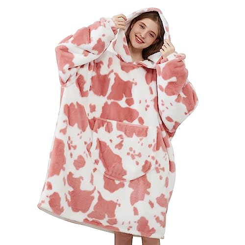 Viviland Manta con capucha de gran tamaño, muy suave, cálida y cómoda, regalo para mujeres, hombres, adolescentes, estampado de vaca rosa, tamaño grande