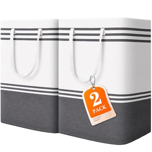EpicTotes 2 Pack Large Home Laundry Basket, Laundry Hamper, Freestanding Waterproof Dirty Clothes Bag, Tall Clothes Hamper - Extended & Reinforced Handles for College Dorm, Family (Light Grey/125L)