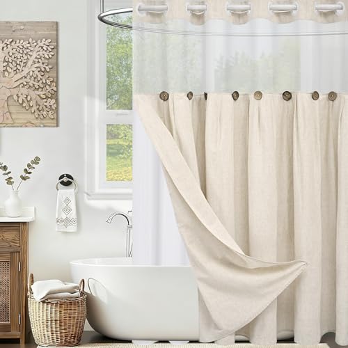 ASPMIZ Farmhouse Shower Curtain and Liner Set, No Hook Shower Curtain with Snap in Liner Fabric, Linen Washable Waterproof Bathroom Curtains with Button, Mesh Top Window, Linen Color, 71"x 74"
