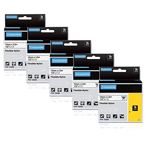 Aonomi Compatible Industrial Label Tape Replacement For Dymo 18488 Flexible Nylon Label For Dymo Industrial Rhino 4200, 5000, 5200, 6000 Label Maker, Black On White, 1/2'' X 11.5' (12Mmx3.5M), 5-Pack #TOP10