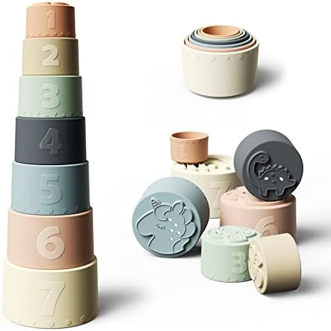 Moonkie Baby Stacking Cups Toy, Fun Educational Stack Up Cup Silicone Soft Teething Toy (Fine Day)