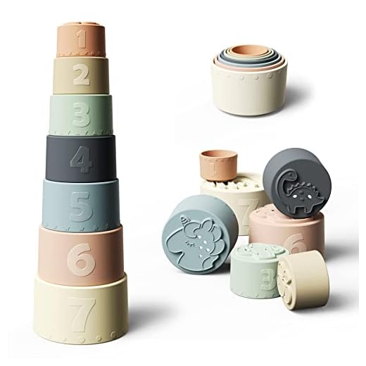 Moonkie Baby Stacking Cups Toy, Fun Educational Stack Up Cup Silicone Soft Teething Toy, Age 6+ Months, 7 Piece Set