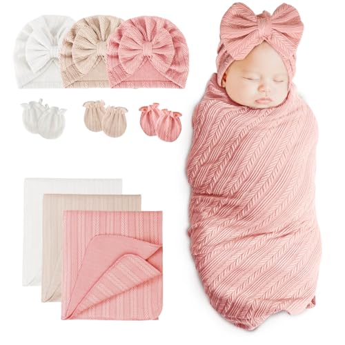 Image of DRESHOW BQUBO Newborn Receiving Blankets Cotton Warm Sleepsack with Mittens & Bow Hats Hospital Baby Swaddling Shower Gift