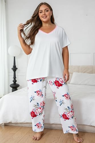 Image of Vozanet Women's Pajama Sets Short Sleeve with Long Pant Soft Sleepwear Printed pj Loungewear With TWO Pockets Size 1X to 5X