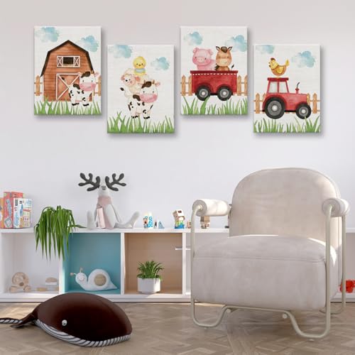 Image of Watercolor Farmhouse Nursery Decor Canvas Wall Art Farm Cute Animal Chicken Cow Pig Wall Decor Artwork Poster Prints for Home Living Room Girls Boys Bedroom Classroom Decoration,4PCS,Framed,8x10IN
