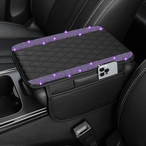 NBTEPEM Bling Car Center Console Cover, Leather Car Arm Rest Cover Cushion with 2 Storage Bags, Universal Auto Armrest Protector Storage Box, Bling Accessories Interior for Most Vehicles (Purple)