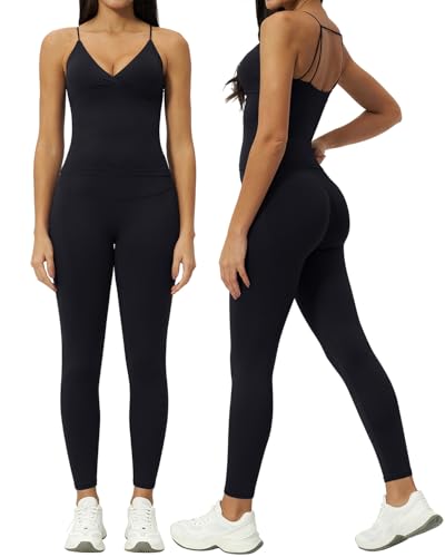 Meyeeka Women 2 Piece Workout Sets Ribbed V Neck Spaghetti Straps Padded Tank Tummy Control High Waist Yoga Leggings Black M