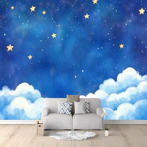 Wallpaper Wall Mural Blue Watercolor Stars and Clouds 350x256 cm 3D Photo Wallpaper Non-Woven Wall Mural Poster, for Living Room Bedroom Corridor TV Background Wall Decor Murals