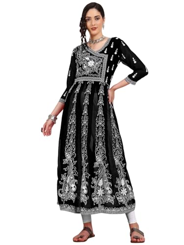 Image of EthnicJunction Women's Georgette Regular Fit Anarkali Embroidered Chikankari Work Angrakha Kurta