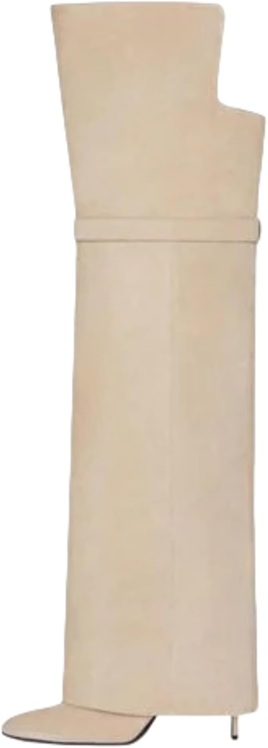 keleimusi Fold Over Thigh High Over the Knee Boots For Women Pointed Toe Stilettos High Heel Padlock Boots Wide Calf Pull-on Fashion Dress Boots - Image 2