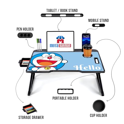 Image of Foldable Wooden Laptop Bed Tray Table, Multifunction Lap Tablet Desk with Cup Holder, for Eating Breakfast, Reading Book, Working, Watching Movie on Bed (Doremon)