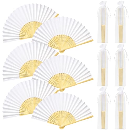 WestCH 12 Piezas Abanicos Blanco Boda Invitados Mano, Abanicos Blancos para Pintar, con Bolsa de Organza, para DIY Decoraciones Bodas Bautizos Fiestas, 21 cm