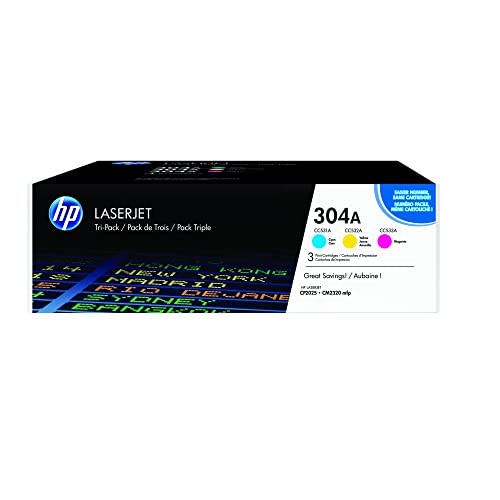 HP 304A CF372AM Pack de 3, Toners Authentiques, Imprimantes Color LaserJet cm2320/CP2025, Cyan Magenta et Jaune