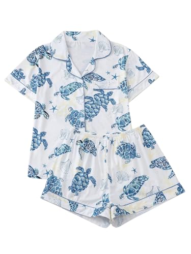 Image of Verdusa Pajamas For Women Set 2 Piece Cute Pjs Sleepwear Lounge Sets | Pj Sets For Woman, Button Down Shirts With Pajama Shorts, Cute Print, Comfy Sets