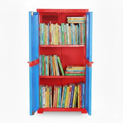 Image of Cello Novelty Big Bookshelf, Red & Blue | 2 Dustproof Doors | Space Saving Cupboard | Plastic Book Shelf | Multipurpose Book Shelf for Home, Office | Book Organizer for Library