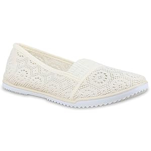 stiefelparadies stiefelparadies Damen Ballerinas Slipper Flache Spitze Häkeloptik Feminine Slip-ons Stoff Strass Metallic Schuhe 129306 Creme Weiss 40 Flandell