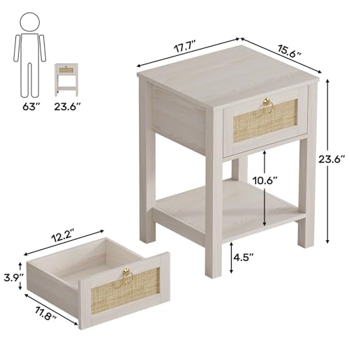 Image of Eclatara Rattan Nightstand: Sturdy White Night Stand with Rattan Decor Drawer, Farmhouse Nightstand Bedside Table Boho End Tables Side Tables for Bedroom (Cream White Oak,1 Piece)
