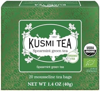 Kusmi Tea - Spearmint Green - Organic Blend of Gunpowder Green Tea with Mint - Peppermint Tea - Enjoy Hot or Ice - Organic Flavored Green Tea - 20 Tea Bags