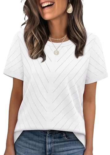 WIHOLL Spring Tops for Women Trendy 2026 Short Sleeve Sweater for Women Summer Tops Dressy Casual Basic Tees T Shirts Teacher Work Beach Vacation Clothes Fashion Clothing Capsule Wardrobe White L