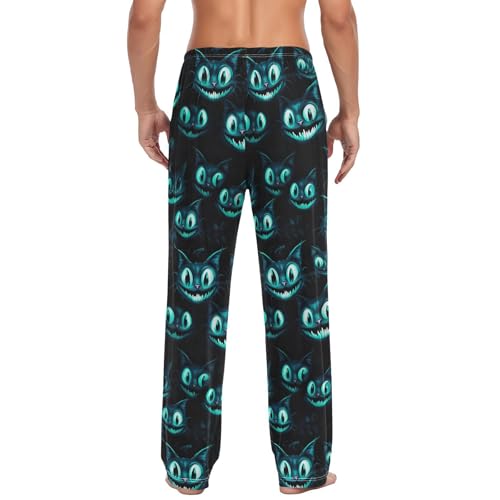 Men’s Blue Neon Cat Eye Pajama Pants with Pockets, Comfortable Lounge Sleep Bottoms#7552